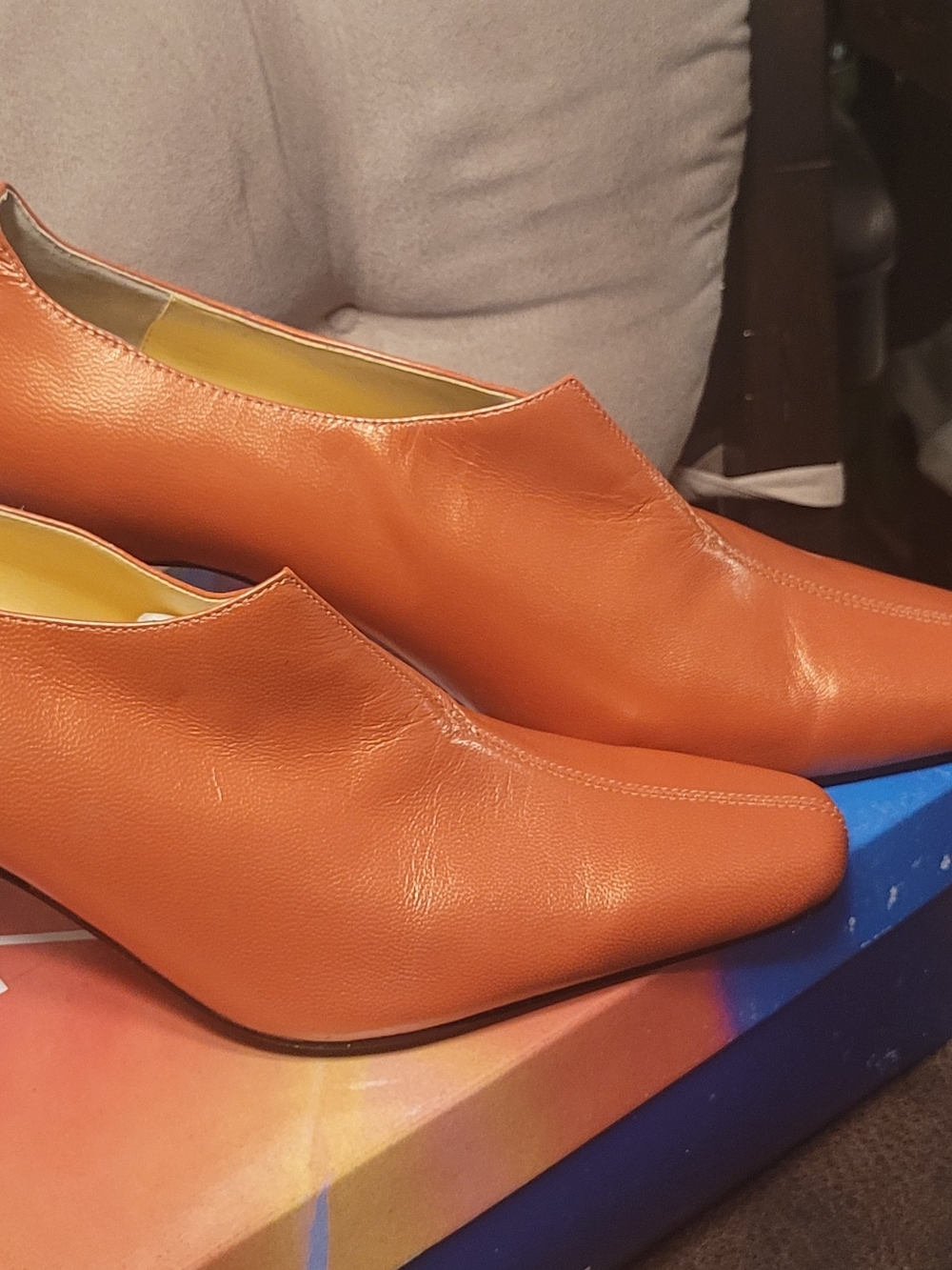 Bellini Orange Leather Slip-On Heeled Booties